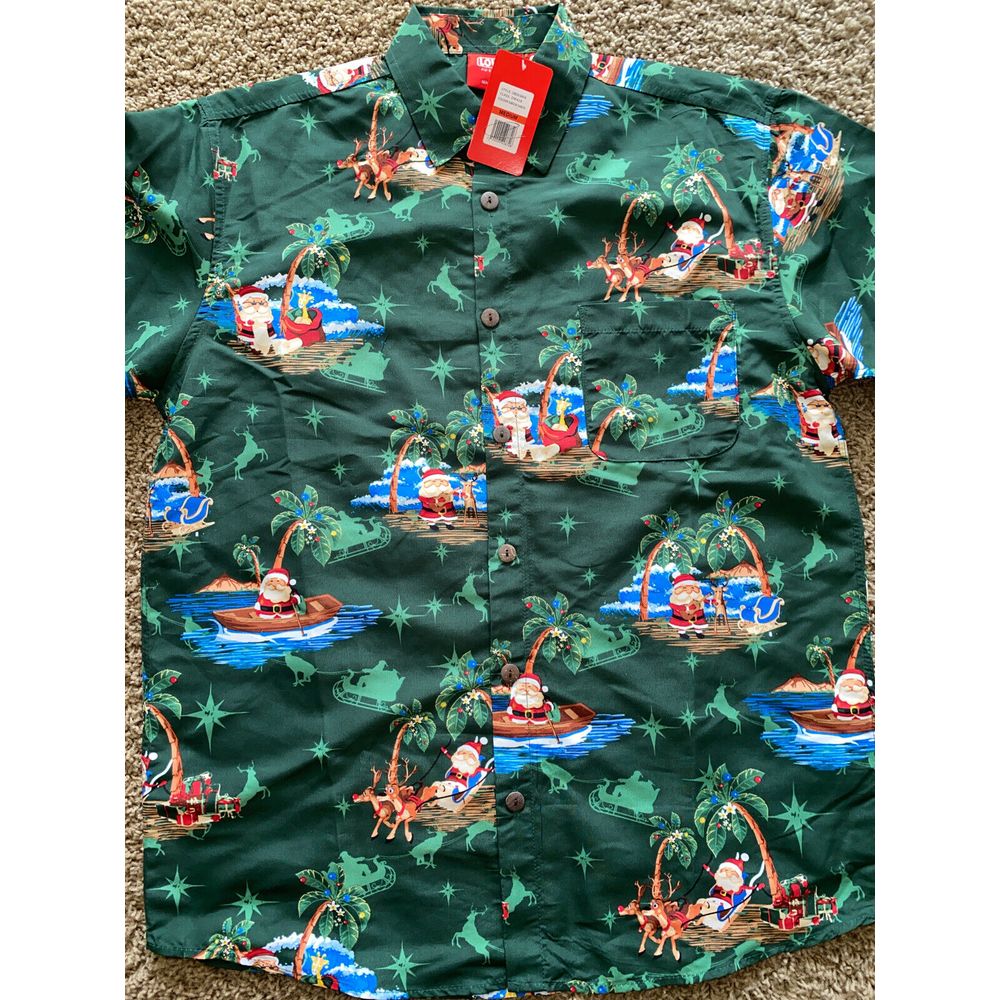 Lowes Australia Surfin Santa Claus S/S Button Green Hawaiian Shirt Men Sz M